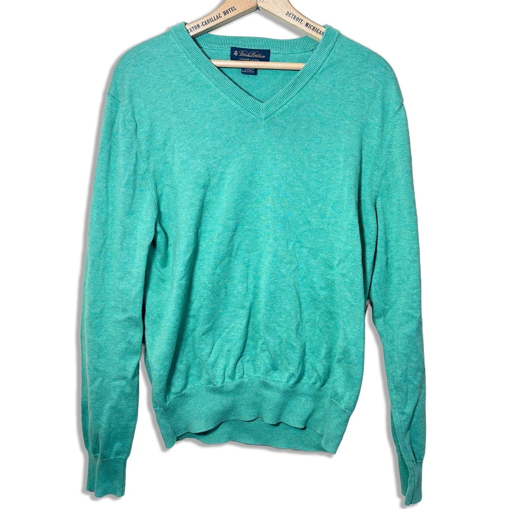 Brooks Brothers Supima Cotton V-Neck Pullover Sweater Teal Green Mens Large